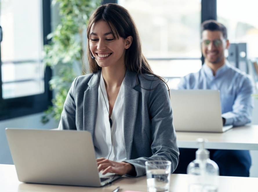 business team working while doing a video call on online briefing with laptop
